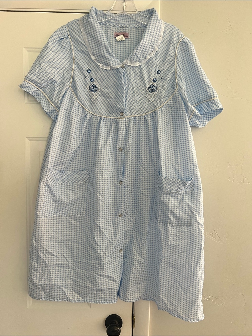 Vintage Light Blue Gingham Short-Sleeve Button Front Nightgown by Lati Fashion